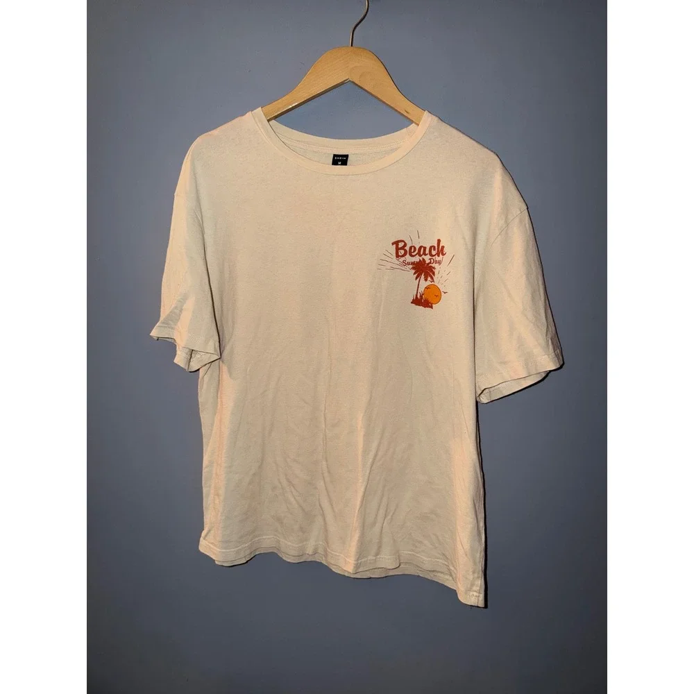 SHEIN Beach Summer Day Graphic Tee Cream Beige Short Sleeve Mens‎ Medium M